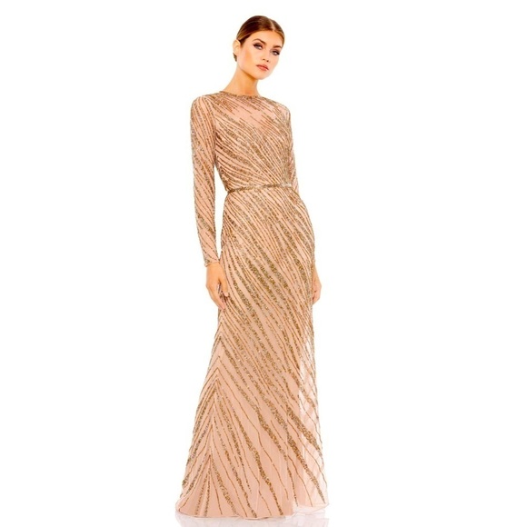 NWT MAC DUGGAL Long Sleeve Beaded Column Gown Mocha 18